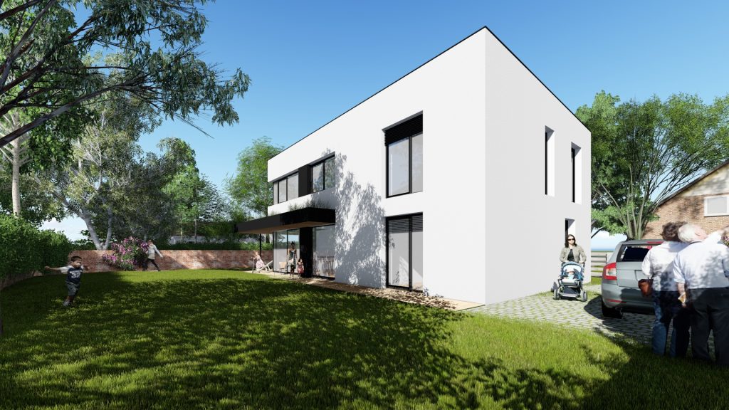 Vizualizácia moderného dvojposchodového montovaného drevodomu Cube s veľkými oknami, terasou, ozdobnou záhradou a rodinou.