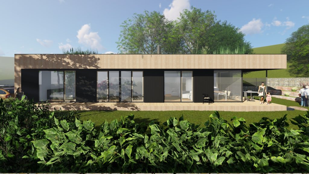 Vizualizácia moderného montovaného drevodomu Cube typu bungalov s veľkými oknami, terasou, ozdobnou záhradou, parkovacími miestami a rodinou.